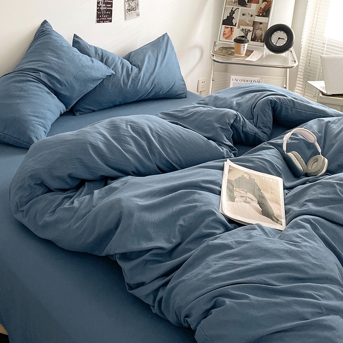 91家纺网 家纺一手货源 找家纺 优尚佳生活馆 2025新款ins风超柔褶皱亲肤磨毛水洗棉四件套纯色系列（风格一） 梵星蓝