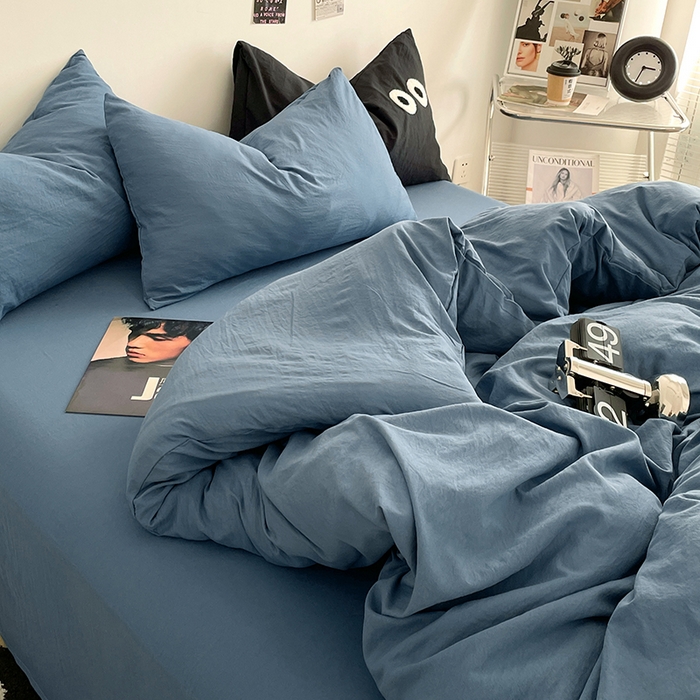 91家纺网 家纺一手货源 找家纺 优尚佳生活馆 2025新款ins风超柔褶皱亲肤磨毛水洗棉四件套纯色系列（风格一） 梵星蓝