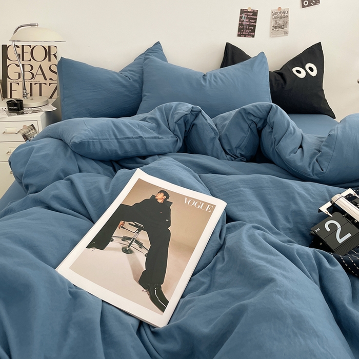 91家纺网 家纺一手货源 找家纺 优尚佳生活馆 2025新款ins风超柔褶皱亲肤磨毛水洗棉四件套纯色系列（风格一） 梵星蓝