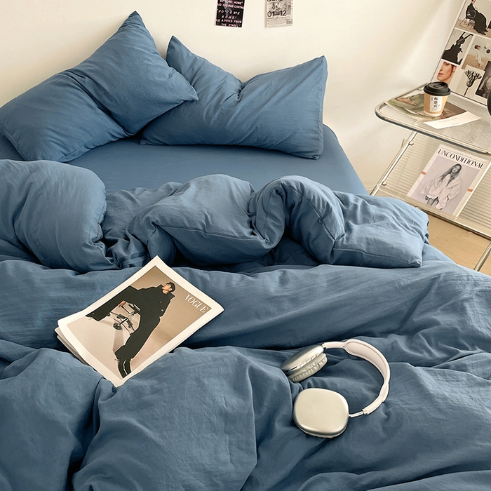 91家纺网 家纺一手货源 找家纺 优尚佳生活馆 2025新款ins风超柔褶皱亲肤磨毛水洗棉四件套纯色系列（风格一） 梵星蓝