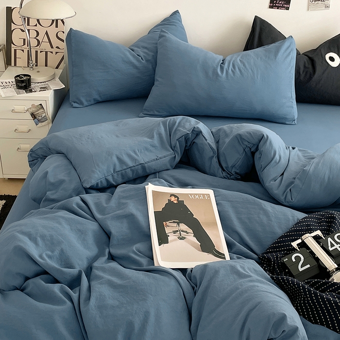 91家纺网 家纺一手货源 找家纺 优尚佳生活馆 2025新款ins风超柔褶皱亲肤磨毛水洗棉四件套纯色系列（风格一） 梵星蓝