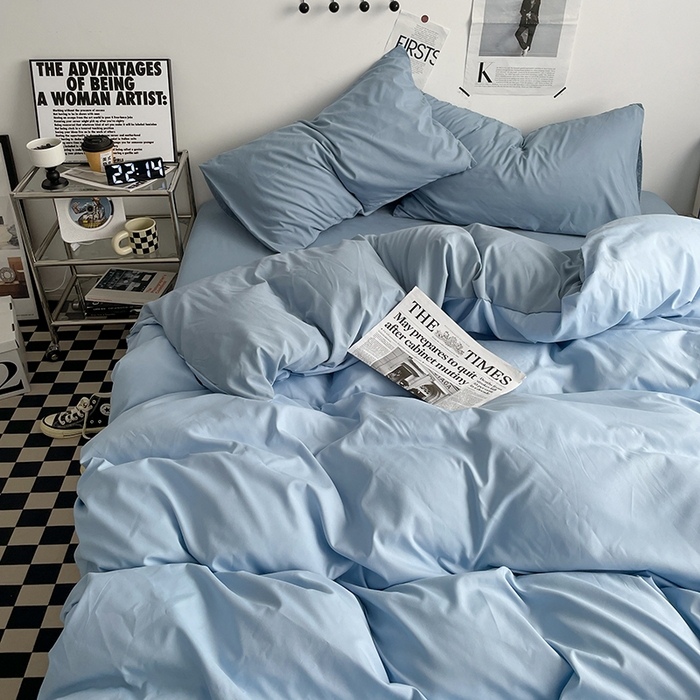 91家纺网 家纺一手货源 找家纺 优尚佳生活馆 2025新款无印风亲肤磨毛四件套-纯色 月光雾蓝