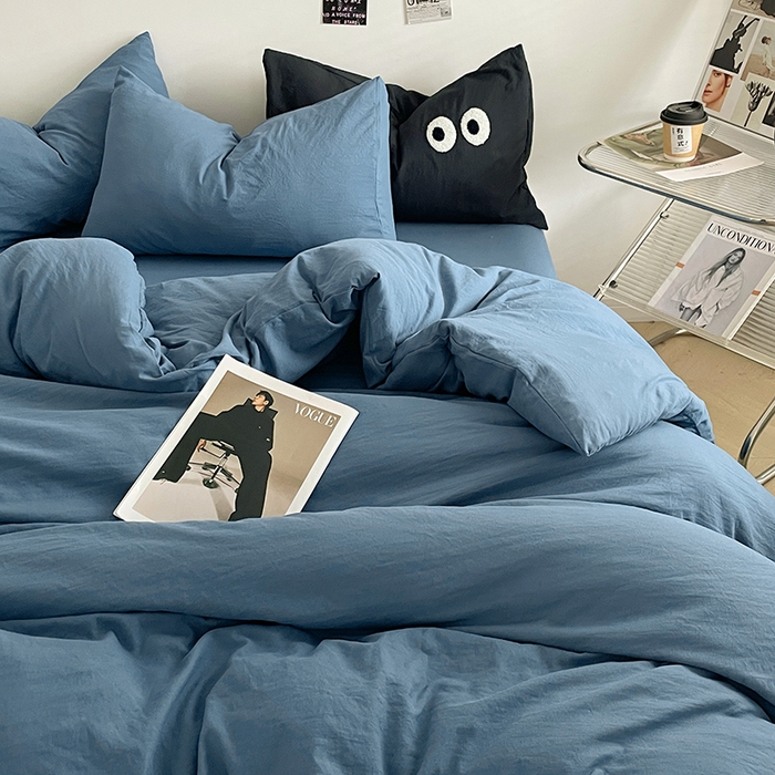 91家纺网 家纺一手货源 找家纺 优尚佳生活馆 2025新款ins风超柔褶皱亲肤磨毛水洗棉四件套纯色系列（风格一） 梵星蓝