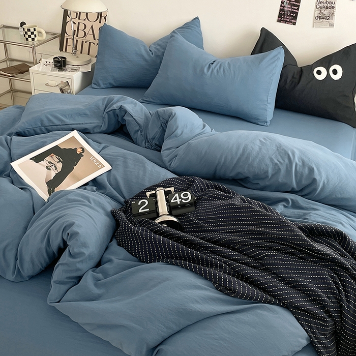 91家纺网 家纺一手货源 找家纺 优尚佳生活馆 2025新款ins风超柔褶皱亲肤磨毛水洗棉四件套纯色系列（风格一） 梵星蓝