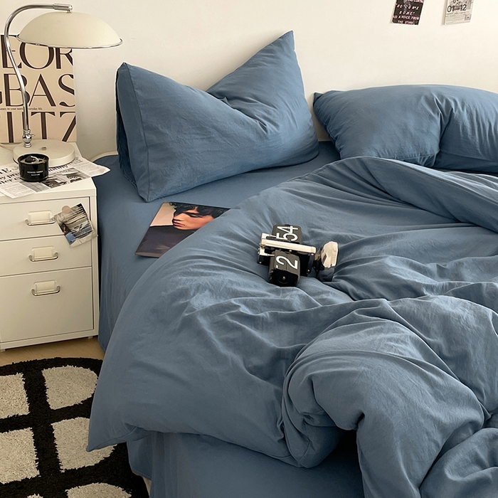 91家纺网 家纺一手货源 找家纺 优尚佳生活馆 2025新款ins风超柔褶皱亲肤磨毛水洗棉四件套纯色系列（风格一） 梵星蓝