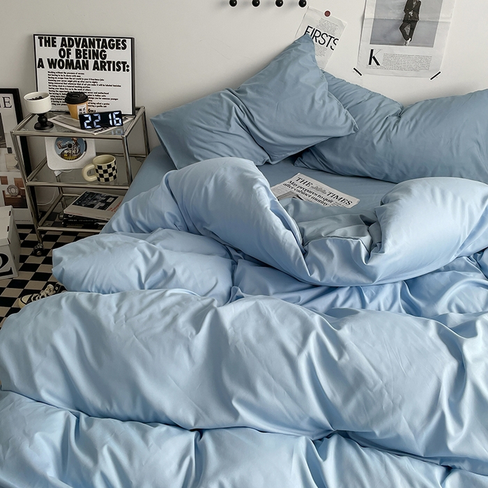 91家纺网 家纺一手货源 找家纺 优尚佳生活馆 2025新款无印风亲肤磨毛四件套-纯色 月光雾蓝