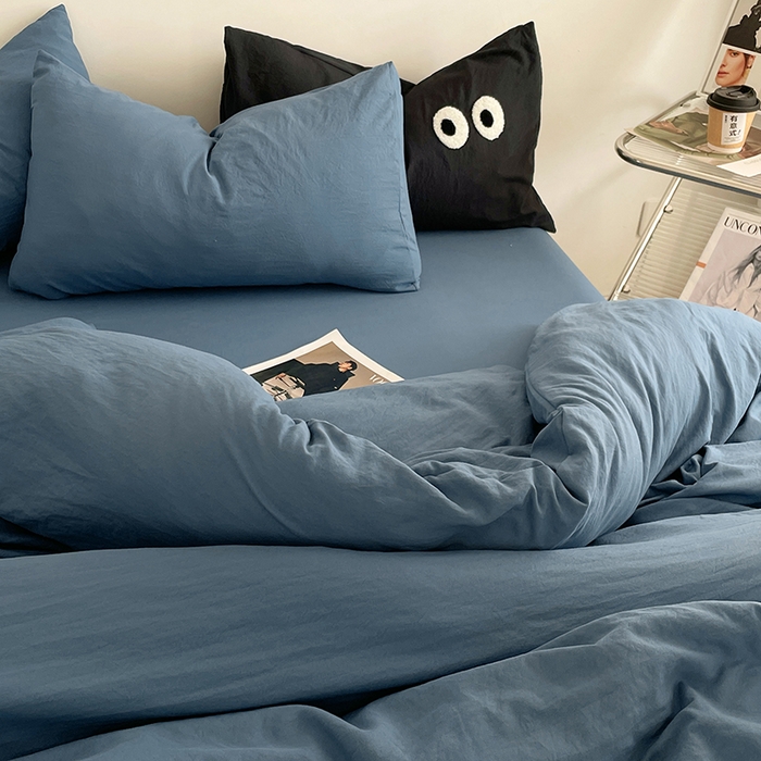 91家纺网 家纺一手货源 找家纺 优尚佳生活馆 2025新款ins风超柔褶皱亲肤磨毛水洗棉四件套纯色系列（风格一） 梵星蓝