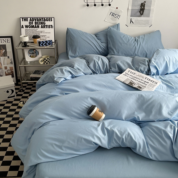 91家纺网 家纺一手货源 找家纺 优尚佳生活馆 2025新款无印风亲肤磨毛四件套-纯色 月光雾蓝