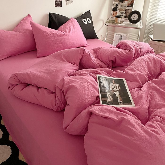 91家纺网 家纺一手货源 找家纺 优尚佳生活馆 2025新款ins风超柔褶皱亲肤磨毛水洗棉四件套纯色系列（风格一） 优尚玫红