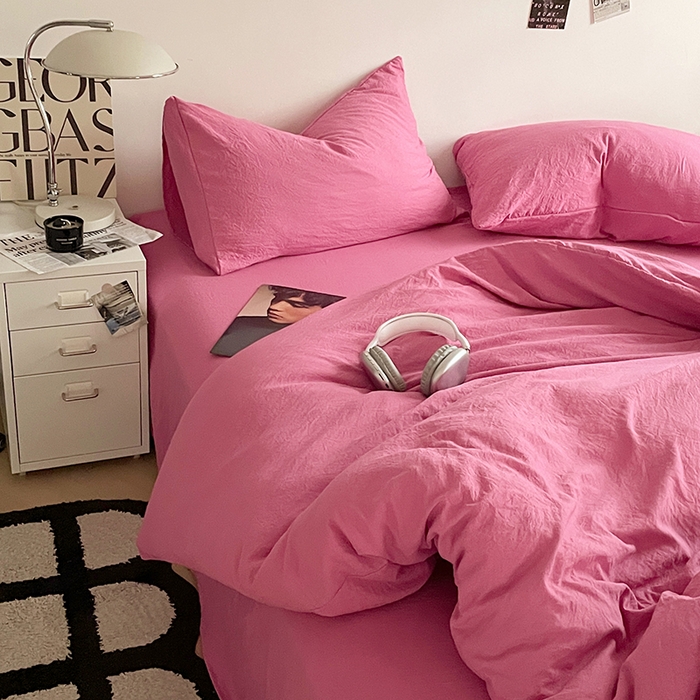 91家纺网 家纺一手货源 找家纺 优尚佳生活馆 2025新款ins风超柔褶皱亲肤磨毛水洗棉四件套纯色系列（风格一） 优尚玫红