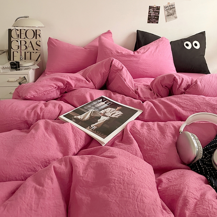 91家纺网 家纺一手货源 找家纺 优尚佳生活馆 2025新款ins风超柔褶皱亲肤磨毛水洗棉四件套纯色系列（风格一） 优尚玫红