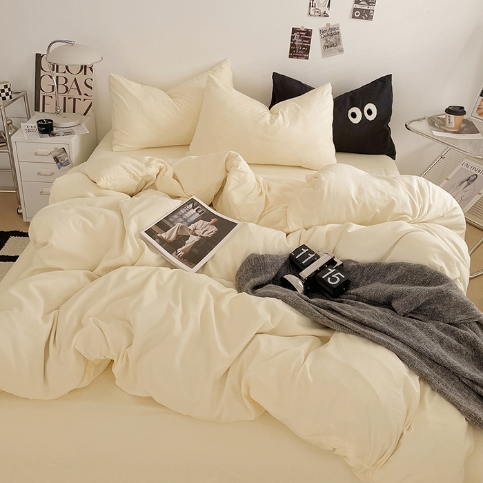 优尚佳生活馆 2025新款ins风超柔褶皱亲肤磨毛水洗棉四件套纯色系列（风格一） 柠檬黄