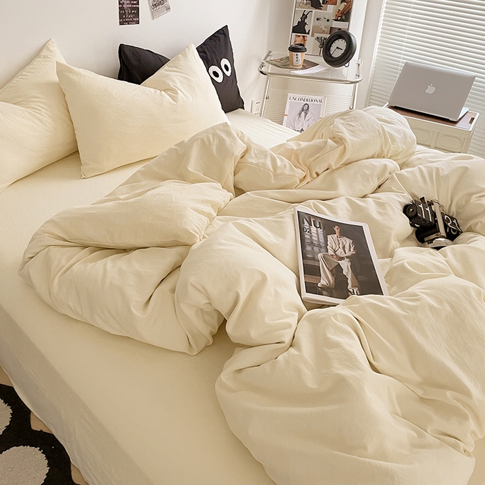 91家纺网 家纺一手货源 找家纺 优尚佳生活馆 2025新款ins风超柔褶皱亲肤磨毛水洗棉四件套纯色系列（风格一） 柠檬黄