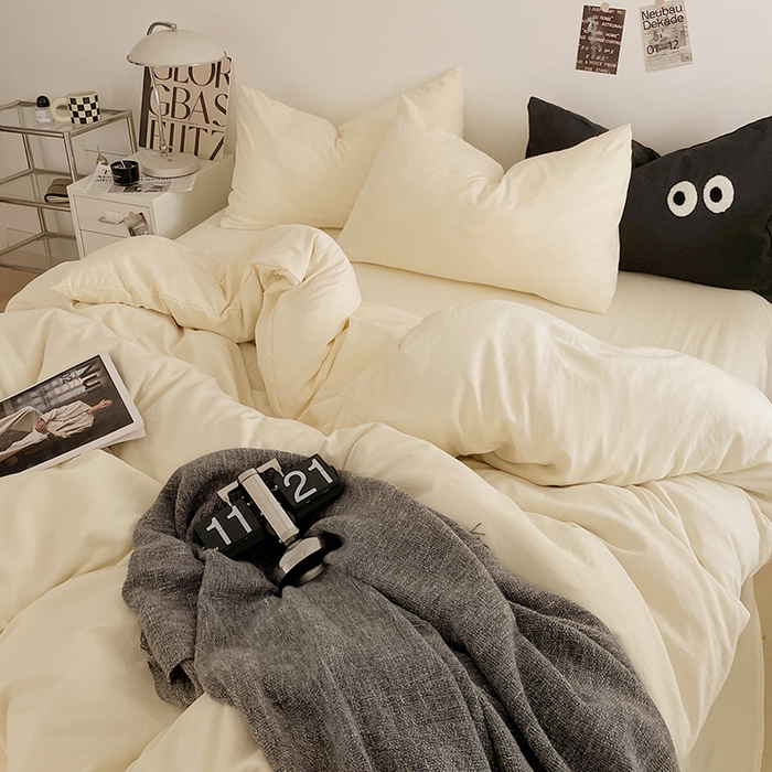 91家纺网 家纺一手货源 找家纺 优尚佳生活馆 2025新款ins风超柔褶皱亲肤磨毛水洗棉四件套纯色系列（风格一） 柠檬黄