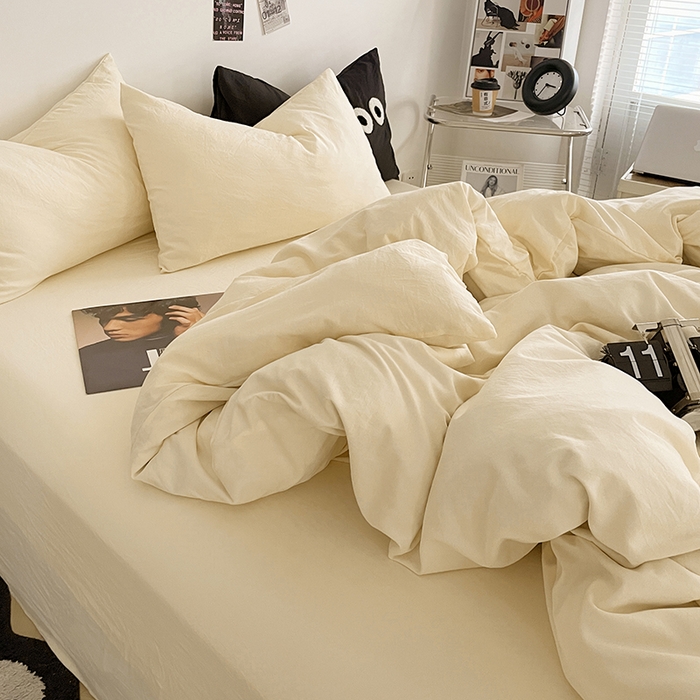 91家纺网 家纺一手货源 找家纺 优尚佳生活馆 2025新款ins风超柔褶皱亲肤磨毛水洗棉四件套纯色系列（风格一） 柠檬黄