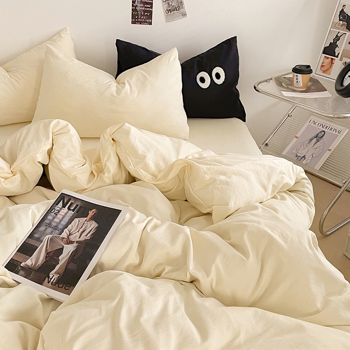 91家纺网 家纺一手货源 找家纺 优尚佳生活馆 2025新款ins风超柔褶皱亲肤磨毛水洗棉四件套纯色系列（风格一） 柠檬黄