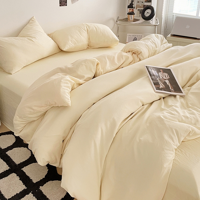 91家纺网 家纺一手货源 找家纺 优尚佳生活馆 2025新款ins风超柔褶皱亲肤磨毛水洗棉四件套纯色系列（风格一） 柠檬黄