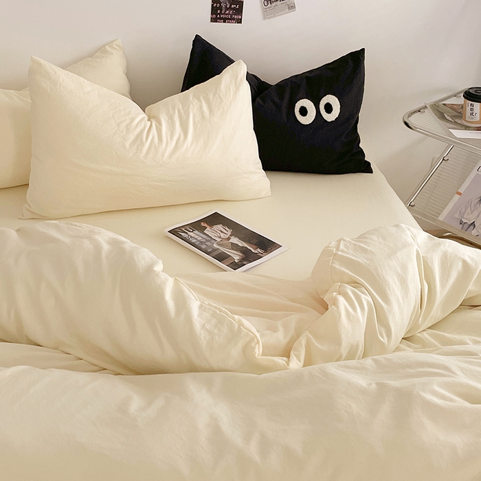 91家纺网 家纺一手货源 找家纺 优尚佳生活馆 2025新款ins风超柔褶皱亲肤磨毛水洗棉四件套纯色系列（风格一） 柠檬黄