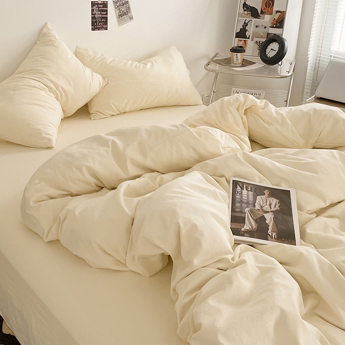 91家纺网 家纺一手货源 找家纺 优尚佳生活馆 2025新款ins风超柔褶皱亲肤磨毛水洗棉四件套纯色系列（风格一） 柠檬黄