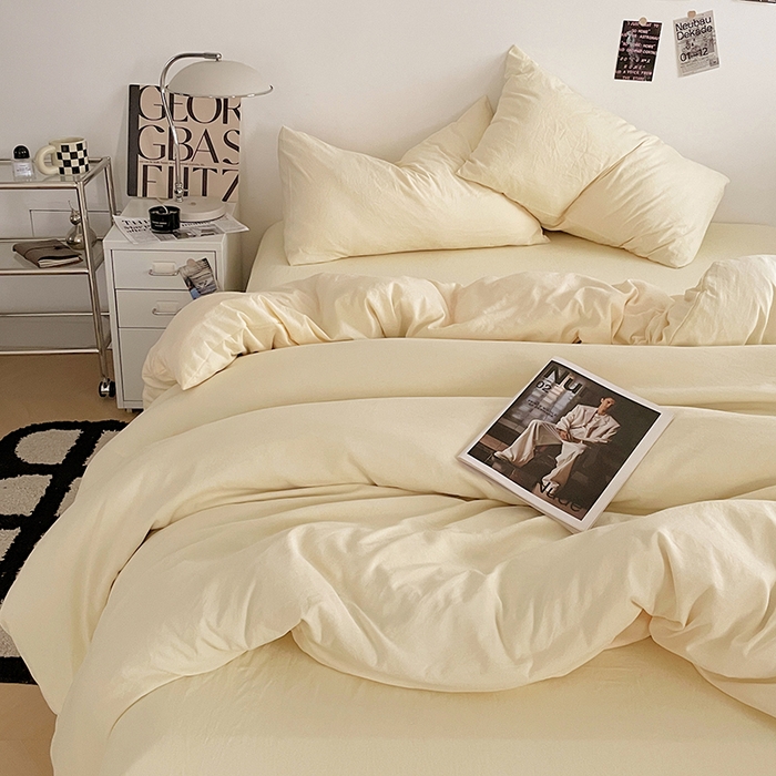 91家纺网 家纺一手货源 找家纺 优尚佳生活馆 2025新款ins风超柔褶皱亲肤磨毛水洗棉四件套纯色系列（风格一） 柠檬黄