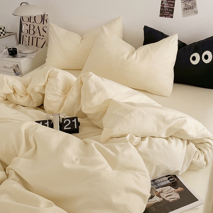 91家纺网 家纺一手货源 找家纺 优尚佳生活馆 2025新款ins风超柔褶皱亲肤磨毛水洗棉四件套纯色系列（风格一） 柠檬黄