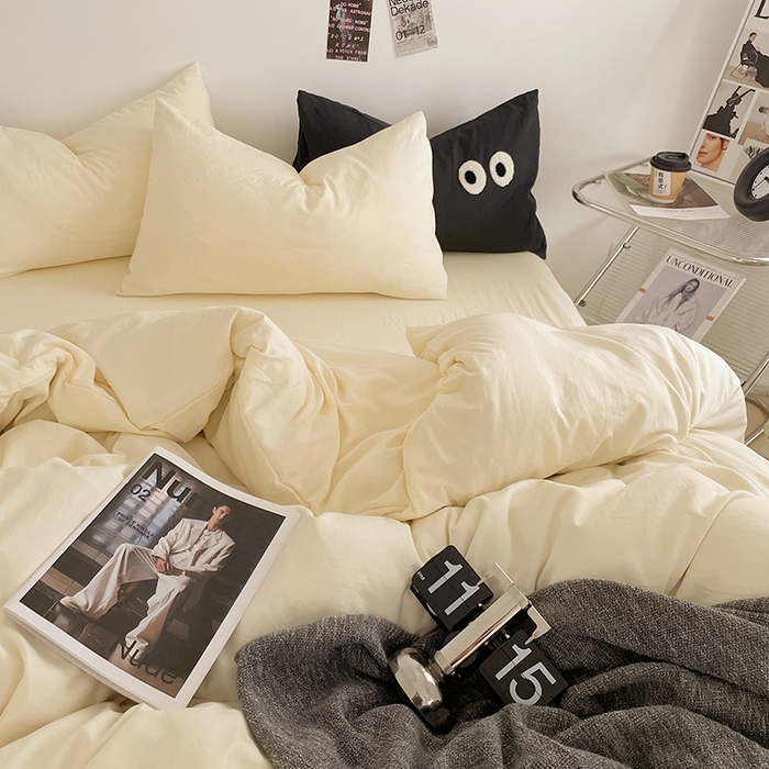 91家纺网 家纺一手货源 找家纺 优尚佳生活馆 2025新款ins风超柔褶皱亲肤磨毛水洗棉四件套纯色系列（风格一） 柠檬黄