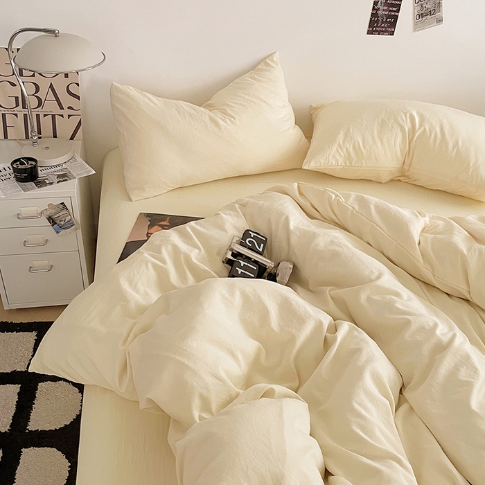 91家纺网 家纺一手货源 找家纺 优尚佳生活馆 2025新款ins风超柔褶皱亲肤磨毛水洗棉四件套纯色系列（风格一） 柠檬黄