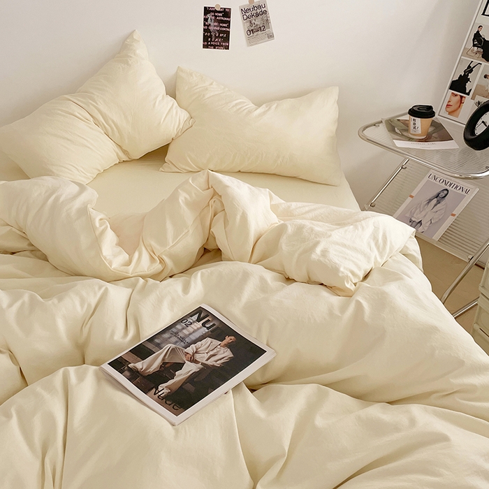 91家纺网 家纺一手货源 找家纺 优尚佳生活馆 2025新款ins风超柔褶皱亲肤磨毛水洗棉四件套纯色系列（风格一） 柠檬黄