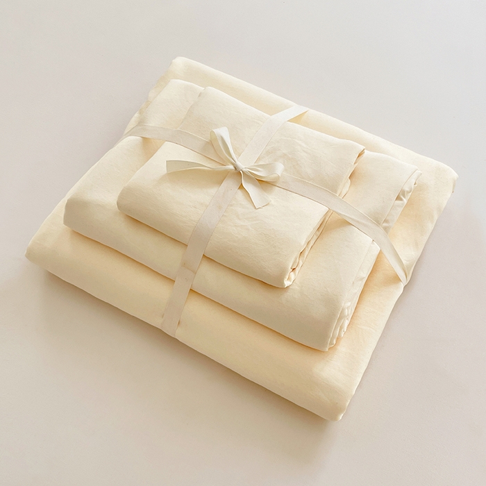 91家纺网 家纺一手货源 找家纺 优尚佳生活馆 2025新款ins风超柔褶皱亲肤磨毛水洗棉四件套纯色系列（风格一） 柠檬黄