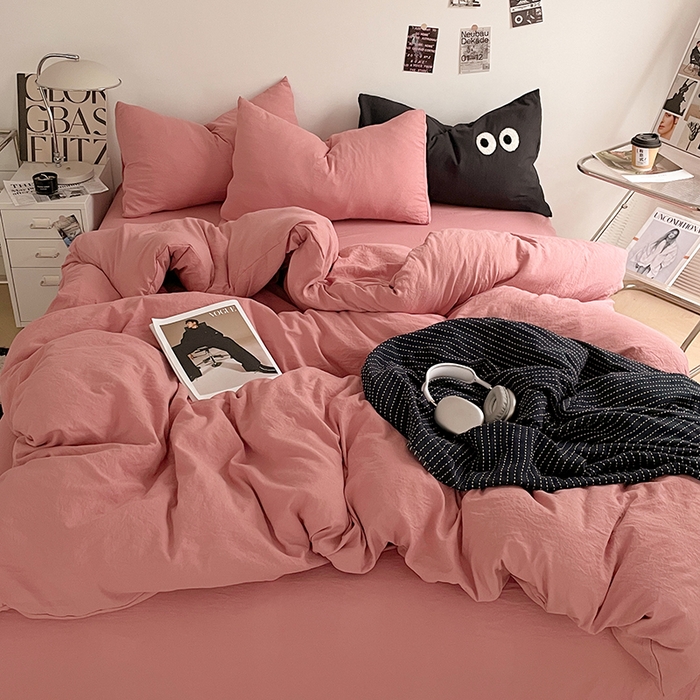 优尚佳生活馆 2025新款ins风超柔褶皱亲肤磨毛水洗棉四件套纯色系列（风格一） 梦露粉