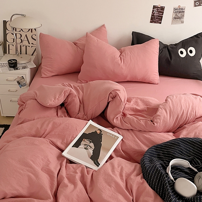91家纺网 家纺一手货源 找家纺 优尚佳生活馆 2025新款ins风超柔褶皱亲肤磨毛水洗棉四件套纯色系列（风格一） 梦露粉