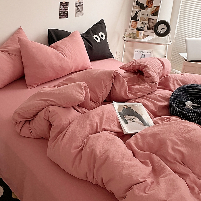 91家纺网 家纺一手货源 找家纺 优尚佳生活馆 2025新款ins风超柔褶皱亲肤磨毛水洗棉四件套纯色系列（风格一） 梦露粉