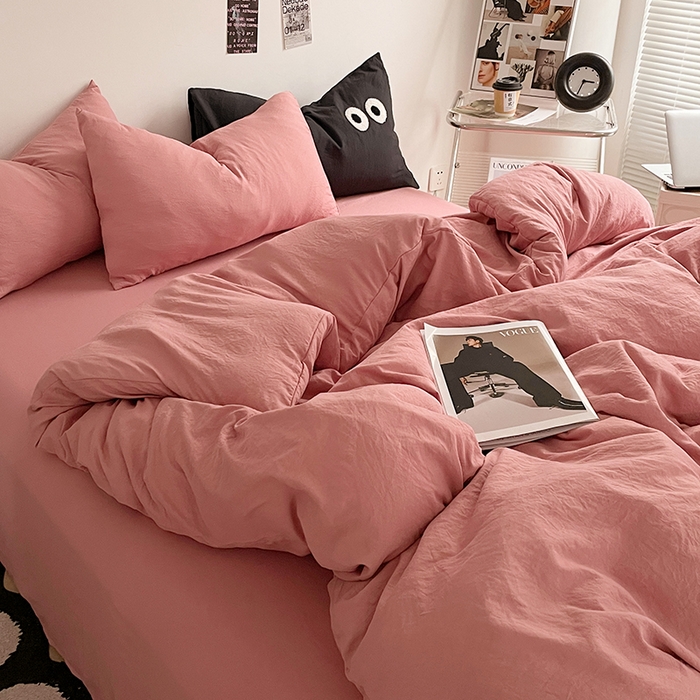 91家纺网 家纺一手货源 找家纺 优尚佳生活馆 2025新款ins风超柔褶皱亲肤磨毛水洗棉四件套纯色系列（风格一） 梦露粉