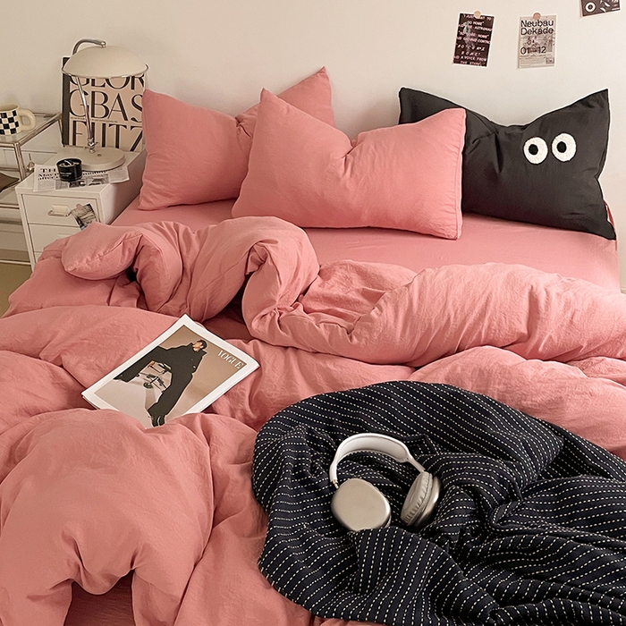 91家纺网 家纺一手货源 找家纺 优尚佳生活馆 2025新款ins风超柔褶皱亲肤磨毛水洗棉四件套纯色系列（风格一） 梦露粉