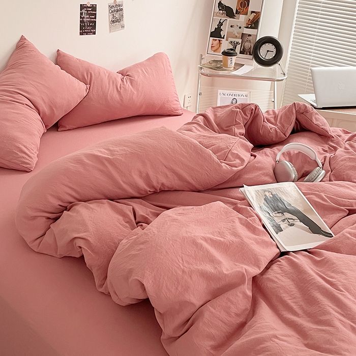 91家纺网 家纺一手货源 找家纺 优尚佳生活馆 2025新款ins风超柔褶皱亲肤磨毛水洗棉四件套纯色系列（风格一） 梦露粉