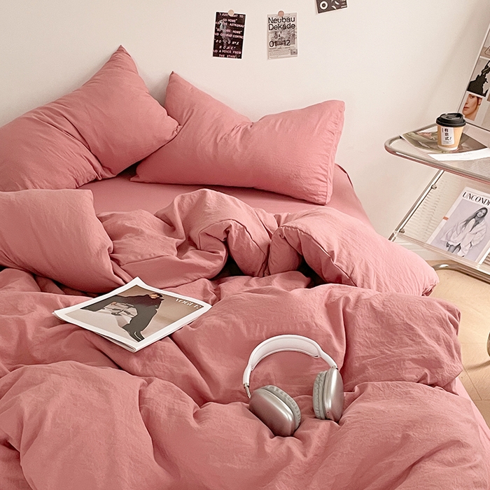 91家纺网 家纺一手货源 找家纺 优尚佳生活馆 2025新款ins风超柔褶皱亲肤磨毛水洗棉四件套纯色系列（风格一） 梦露粉