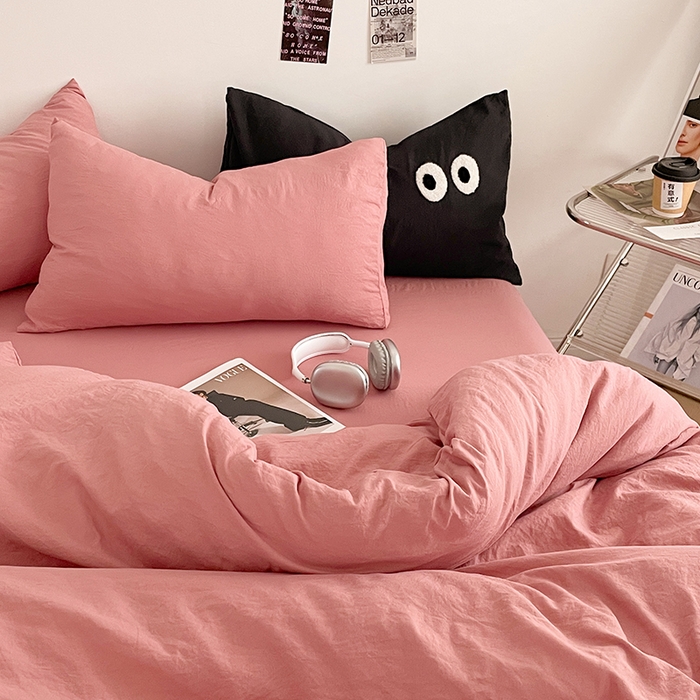 91家纺网 家纺一手货源 找家纺 优尚佳生活馆 2025新款ins风超柔褶皱亲肤磨毛水洗棉四件套纯色系列（风格一） 梦露粉