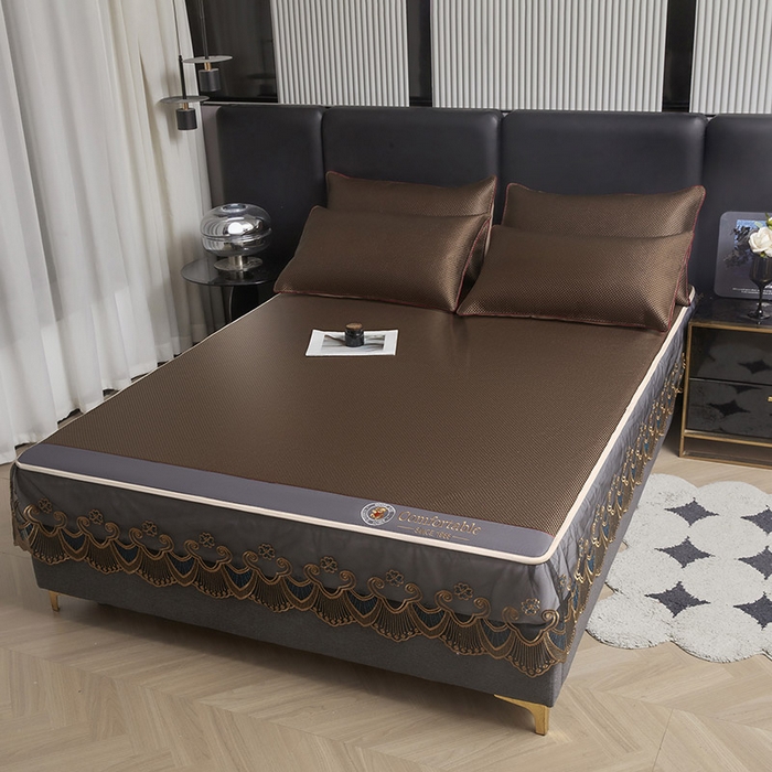 91家纺网 家纺一手货源 找家纺 情恒家纺 2025新款冰藤席床笠款三件套 皇朝 深棕