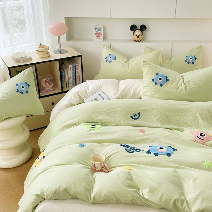 91家纺网 家纺一手货源 找家纺 优尚佳生活馆 2025新款水洗棉毛巾绣四件套（提供买家秀） 大怪兽-绿