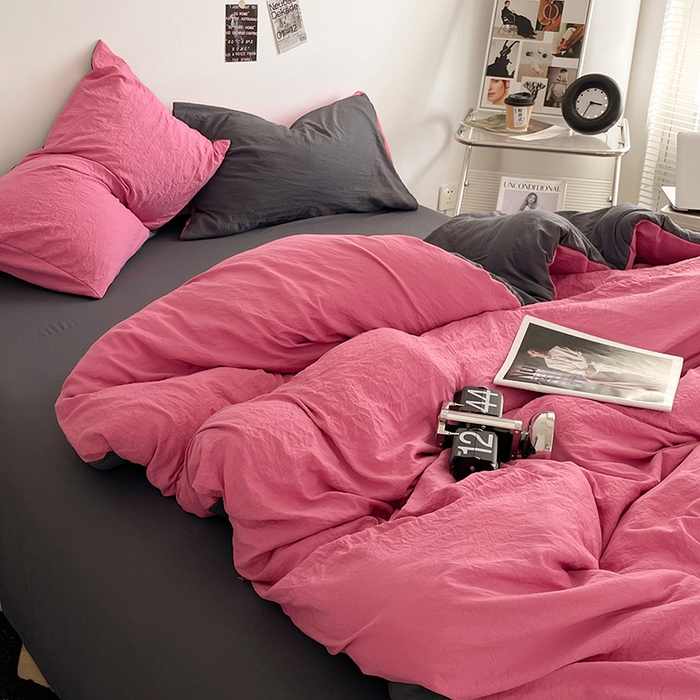 91家纺网 家纺一手货源 找家纺 （总）优尚佳生活馆 2025新款ins风超柔褶皱亲肤磨毛水洗棉四件套双拼系列（风格一）