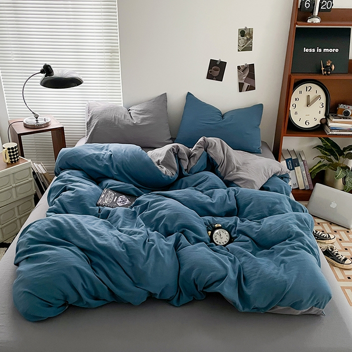 91家纺网 家纺一手货源 找家纺 优尚佳生活馆 2025新款ins风超柔褶皱亲肤磨毛水洗棉四件套双拼系列（风格二） 宝兰浅灰