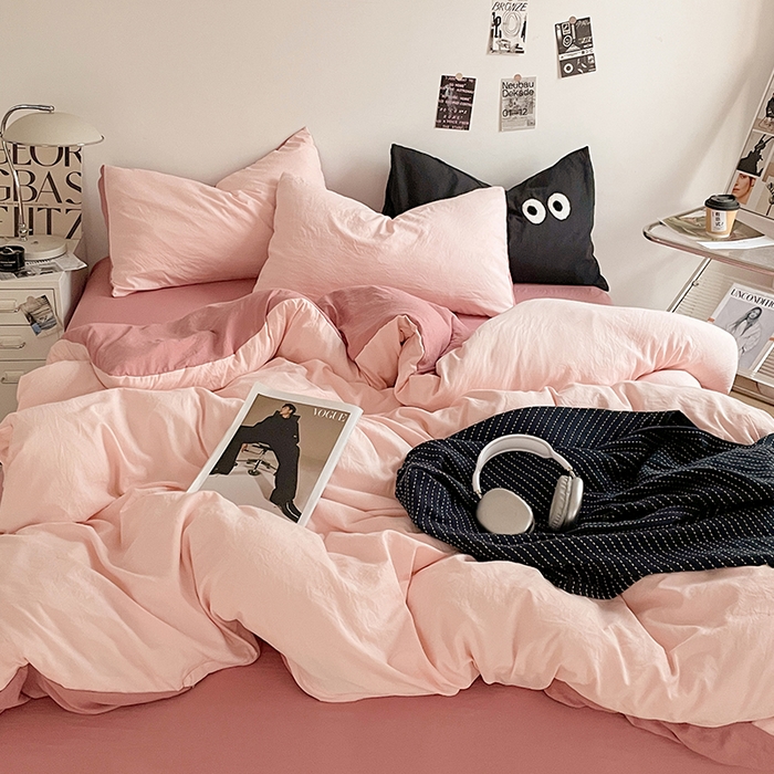 91家纺网 家纺一手货源 找家纺 （总）优尚佳生活馆 2025新款ins风超柔褶皱亲肤磨毛水洗棉四件套双拼系列（风格一）