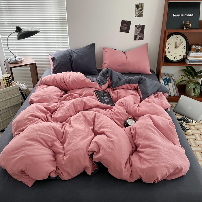 91家纺网 家纺一手货源 找家纺 优尚佳生活馆 2025新款ins风超柔褶皱亲肤磨毛水洗棉四件套双拼系列（风格二） 豆沙深灰