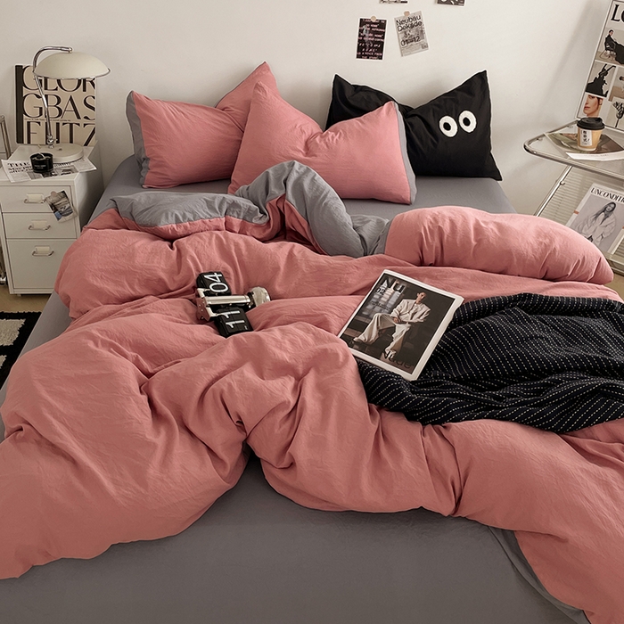 91家纺网 家纺一手货源 找家纺 （总）优尚佳生活馆 2025新款ins风超柔褶皱亲肤磨毛水洗棉四件套双拼系列（风格一）