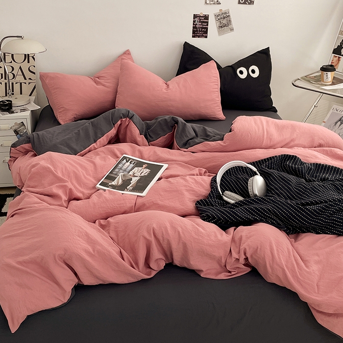 91家纺网 家纺一手货源 找家纺 （总）优尚佳生活馆 2025新款ins风超柔褶皱亲肤磨毛水洗棉四件套双拼系列（风格一）