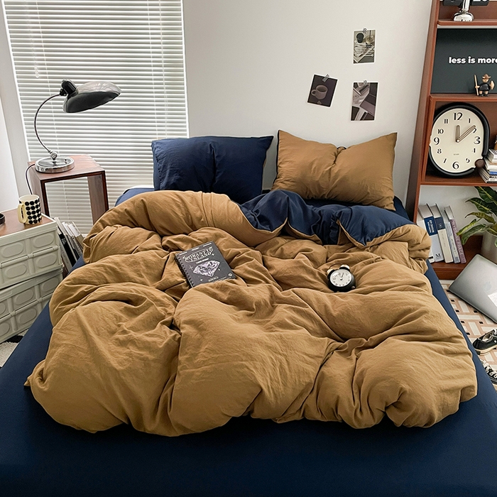 91家纺网 家纺一手货源 找家纺 优尚佳生活馆 2025新款ins风超柔褶皱亲肤磨毛水洗棉四件套双拼系列（风格二） 玛瑙洛克