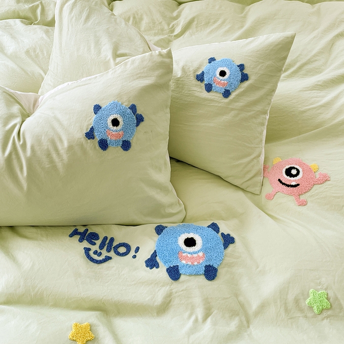 91家纺网 家纺一手货源 找家纺 优尚佳生活馆 2025新款水洗棉毛巾绣四件套（提供买家秀） 大怪兽-绿