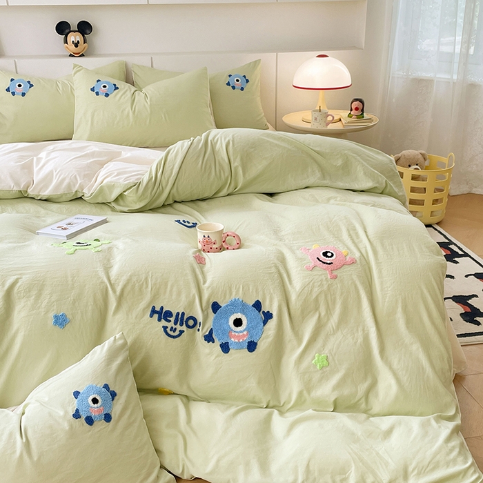 91家纺网 家纺一手货源 找家纺 优尚佳生活馆 2025新款水洗棉毛巾绣四件套（提供买家秀） 大怪兽-绿