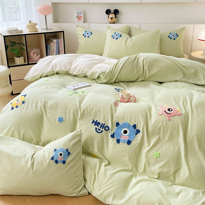 91家纺网 家纺一手货源 找家纺 优尚佳生活馆 2025新款水洗棉毛巾绣四件套（提供买家秀） 大怪兽-绿