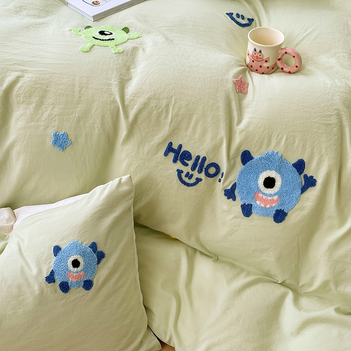 91家纺网 家纺一手货源 找家纺 优尚佳生活馆 2025新款水洗棉毛巾绣四件套（提供买家秀） 大怪兽-绿